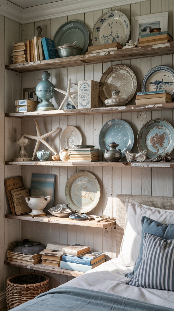 Charming coastal cottage bedroom shelving display with curated vintage coastal items, starfish, old rustic platters, ceramic pieces, books, mix of blues and whites, weathered wood shelves, collected and lived-in feel, detail photography