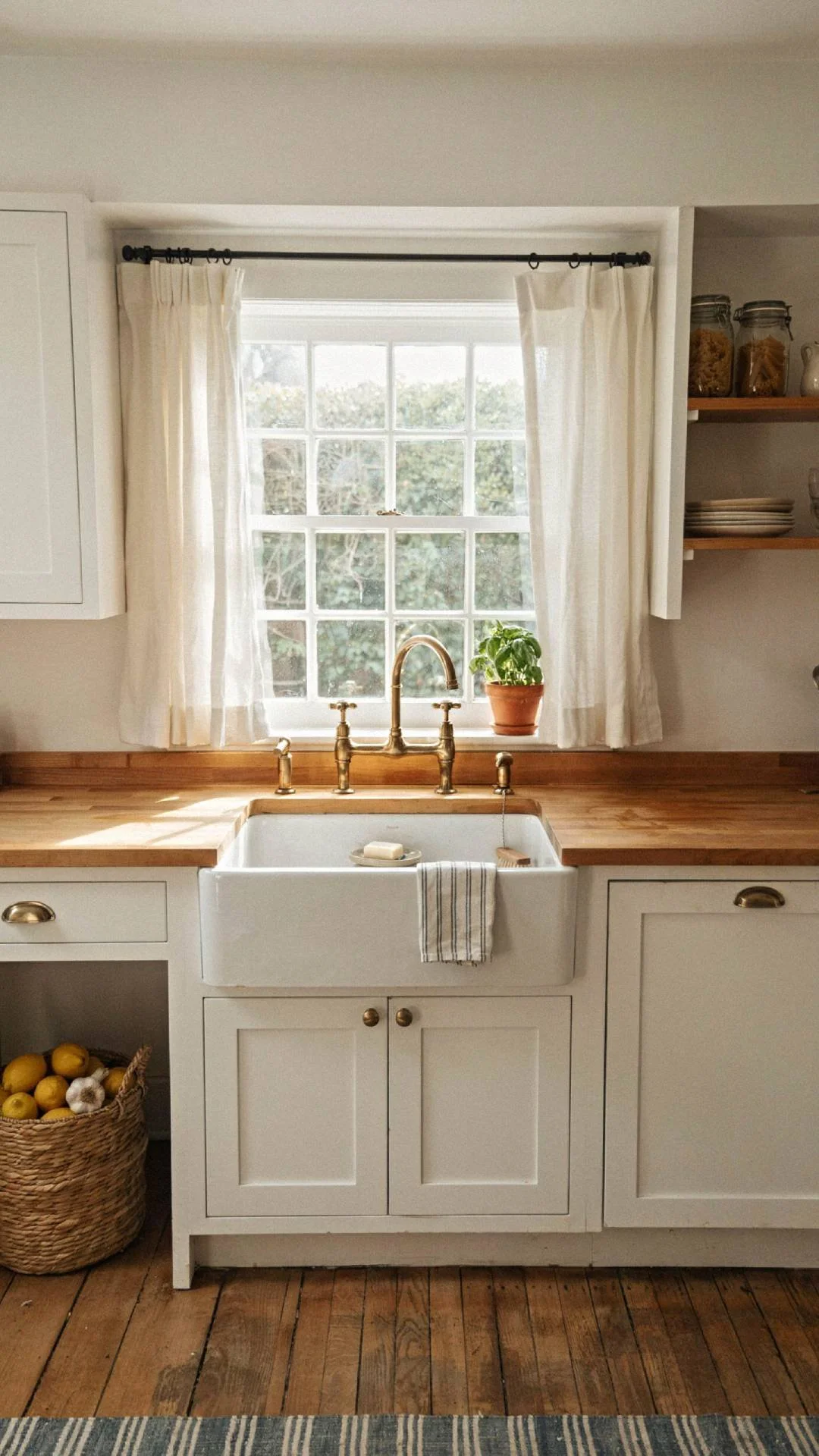 ull kitchen shot showing a white farmhouse apron sink under a window, brass bridge faucet, white shaker cabinets and butcher block counters surrounding it, soft natural light, warm coastal cottage style