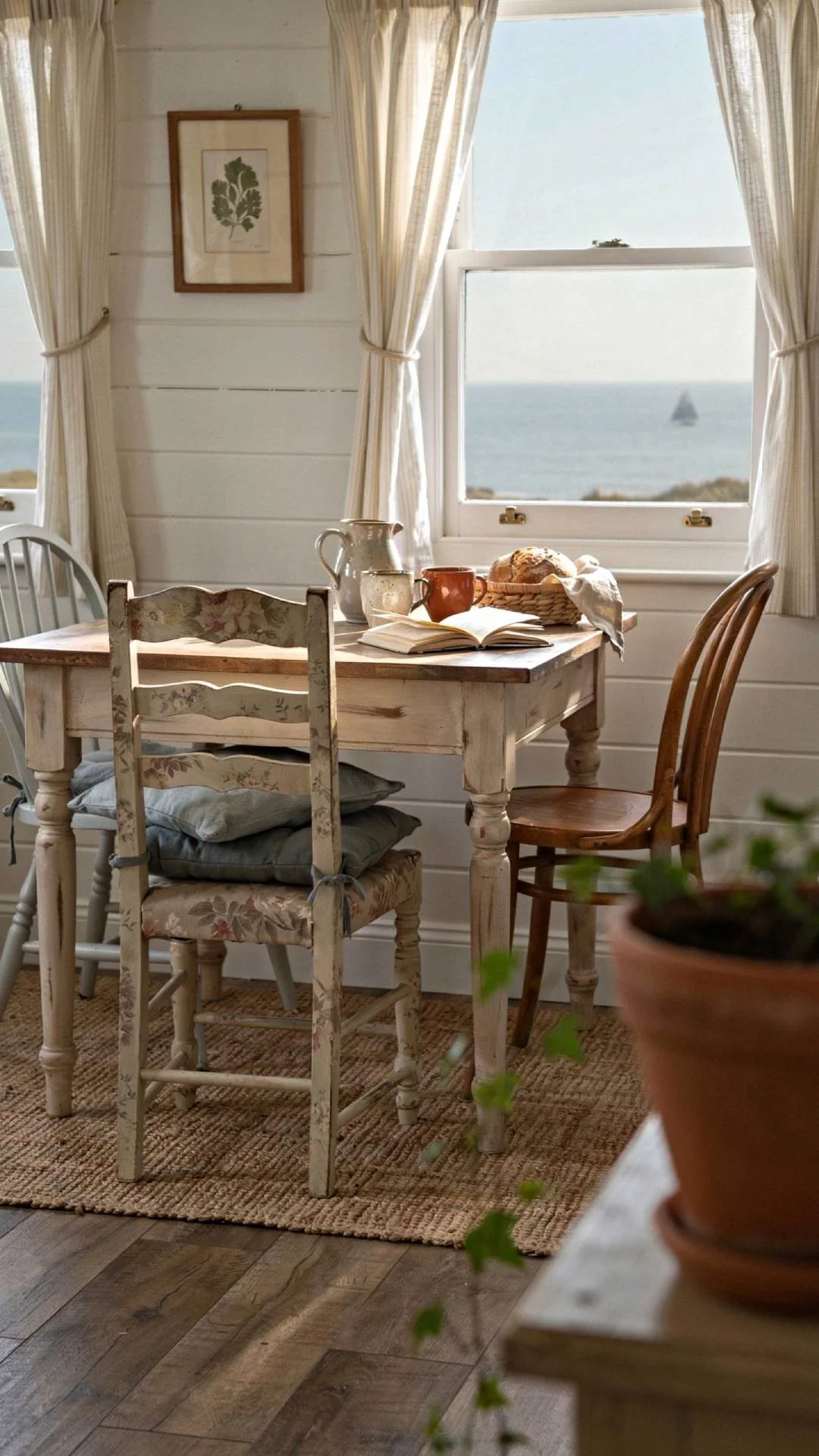 a coastal breakfast nook with a weathered wood antique table, mismatched vintage chairs, dusty blue cushions, cafe curtains on the window, warm morning light,
