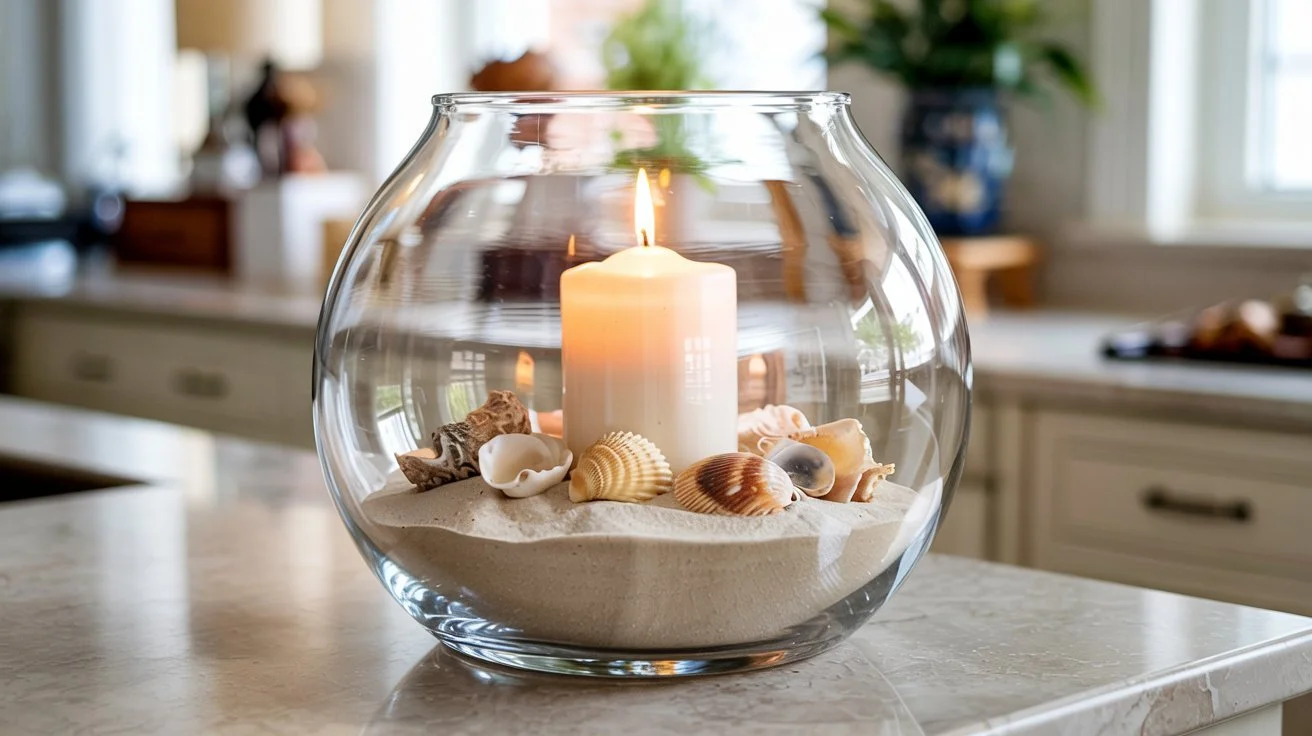 hurricane vase with candle seashells and sand.jpeg