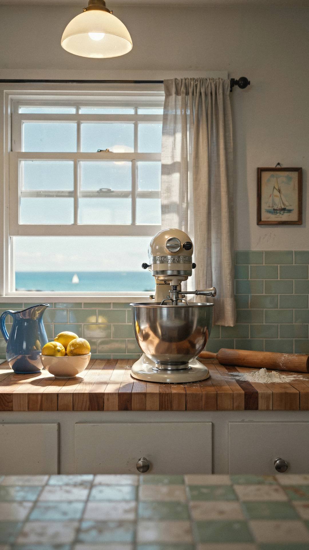 1930s coastal kitchen with KitchenAid mixer chrome details