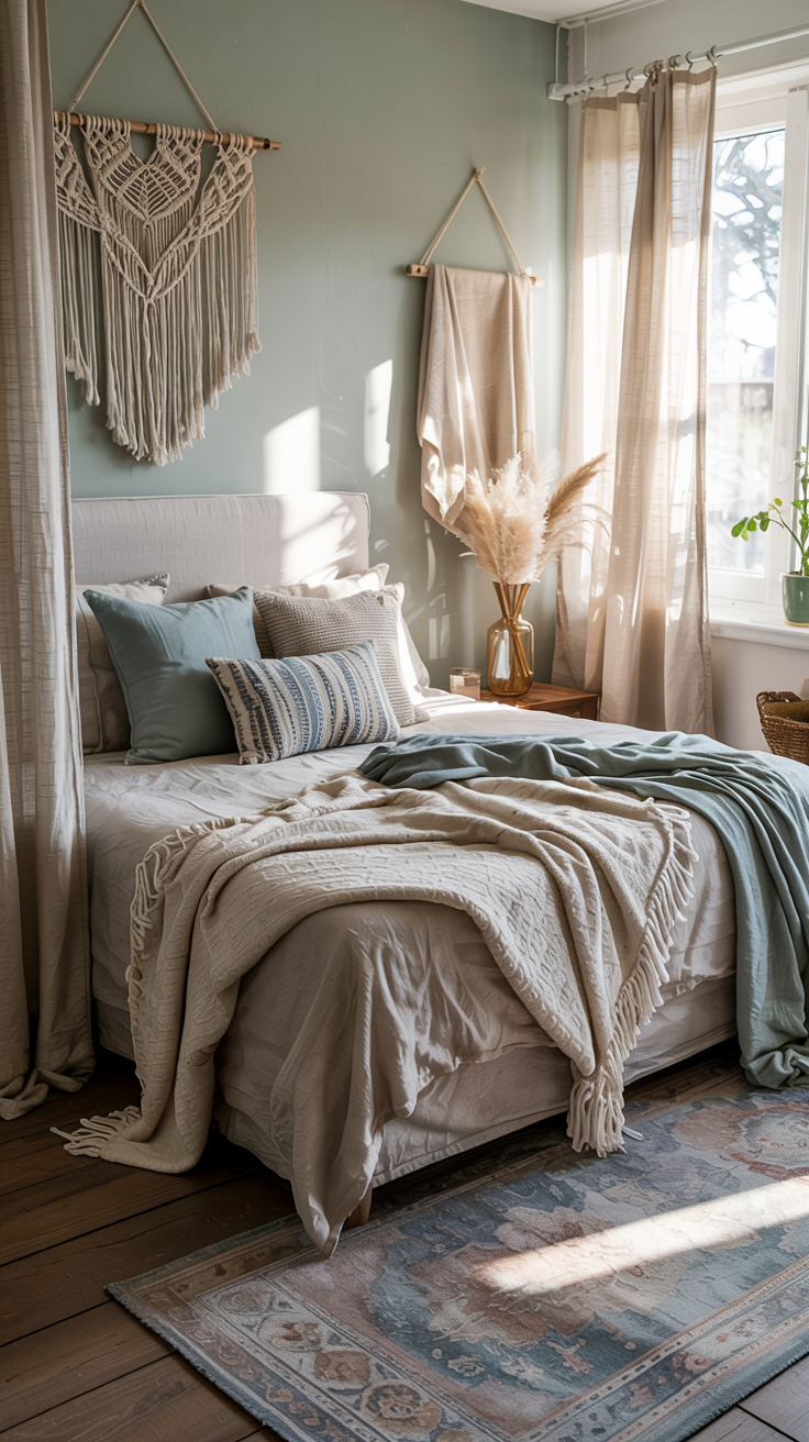 a cozy boho bedroom with seafoam color walls, macrame wall hangings, and sheer curtains.