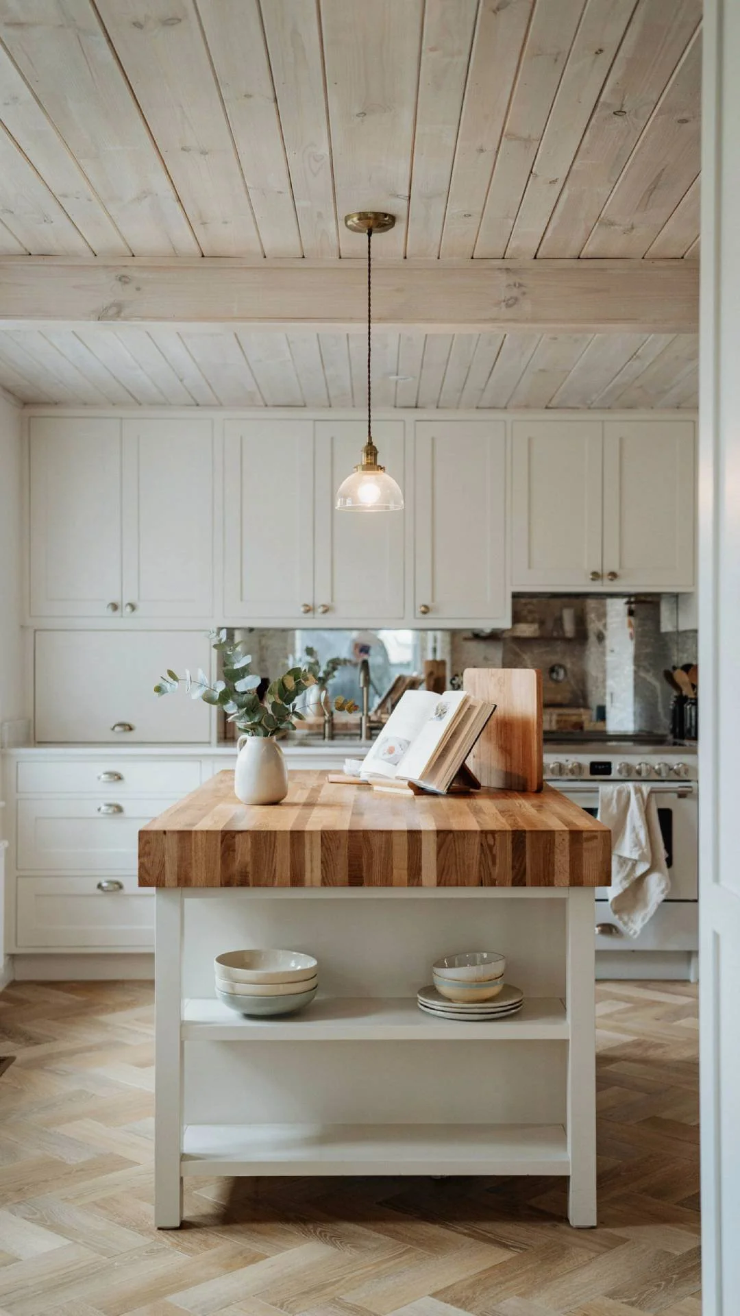 full kitchen shot showing a whitewashed tongue and groove wood plank ceiling above white cabinetry and a butcher block island, brass pendant light, natural light, coastal cottage style