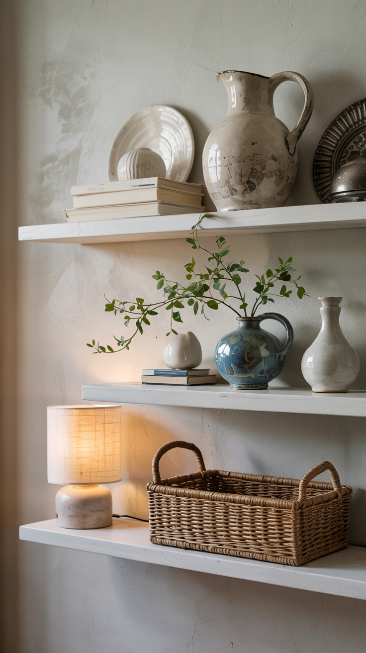 a coastal grandma style home office corner with floating shelves with neatly placed coastal home decor.