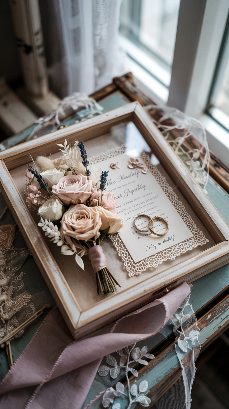 Elegant wedding shadow box with dried bouquet flowers, invitation card, lace details, rings, and wedding photo, soft romantic lighting, pastel colors, shabby chic style, bridal keepsake display