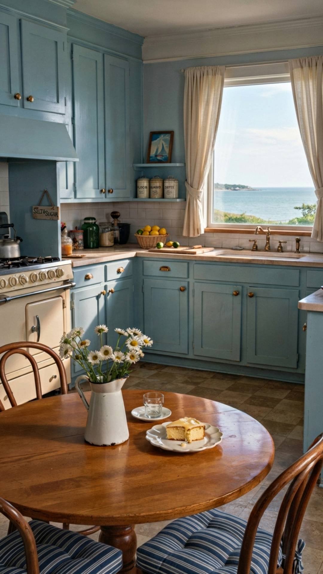 Pastel blue and sandy beige 1930s coastal kitchen