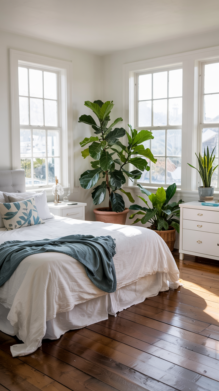 Bright coastal bedroom with large tropical plants, potted palm or fiddle leaf fig near bed, additional greenery on nightstand and dresser, natural light from windows, vibrant green against white and blue color scheme, fresh and lively atmosphere