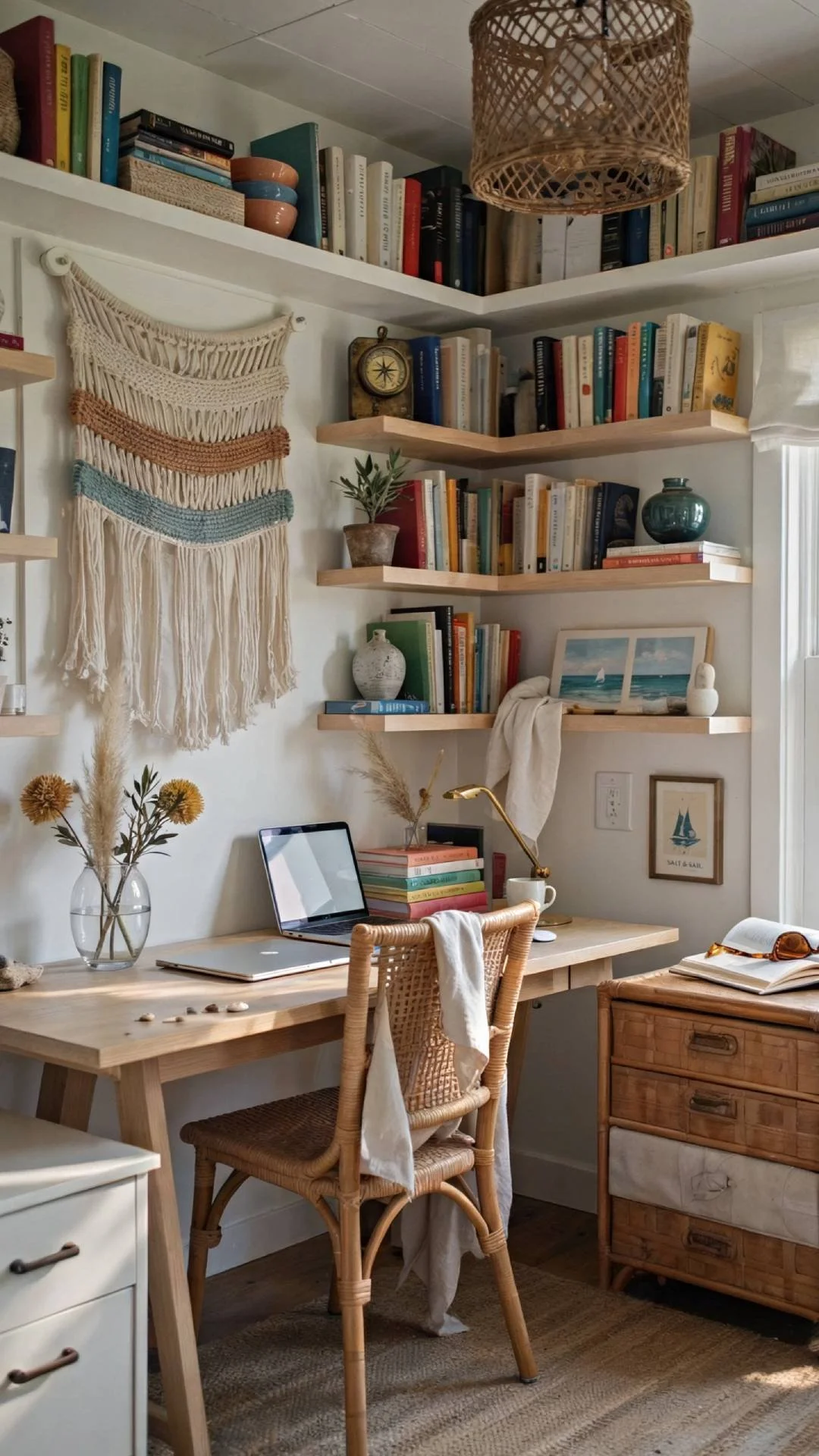 boho coastal home office with vibrant color and rich textures.