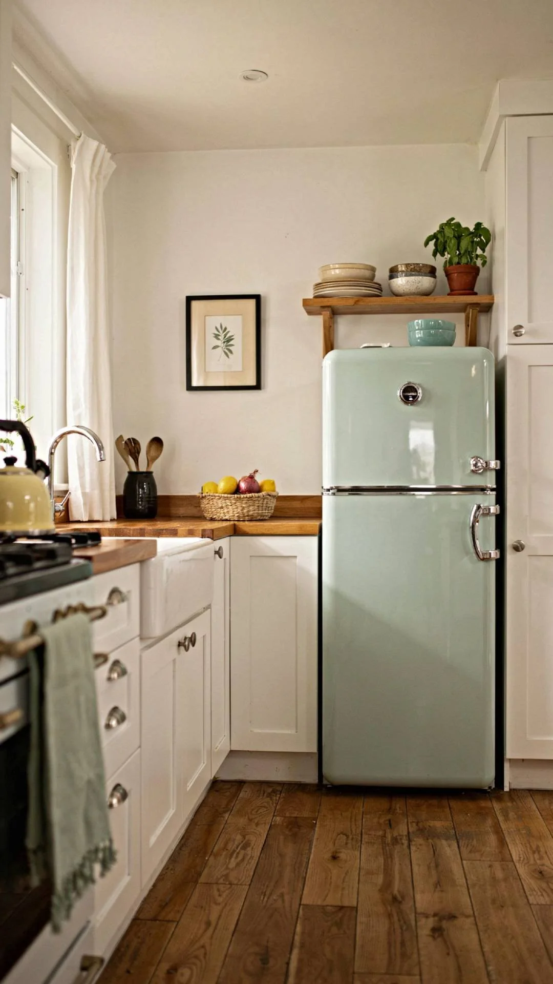 Full kitchen shot featuring a mint green retro-style refrigerator as the focal point, white shaker cabinets, warm wood countertops, natural light, cozy cottage styling, photorealistic