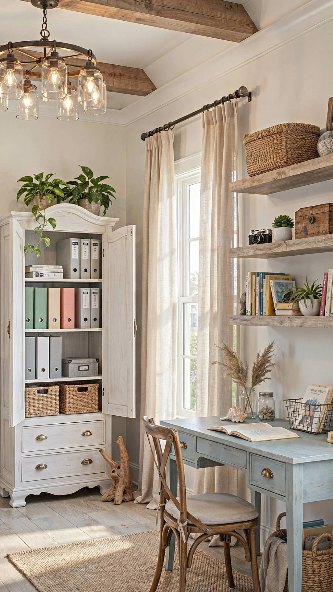 a stunning coastal home office with high ceilings, industrial chandelier, and multi-level organization.