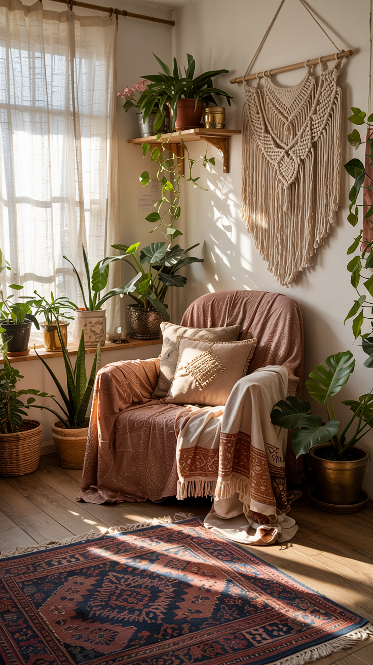 a cozy snug seating corner in a boho bedroom.