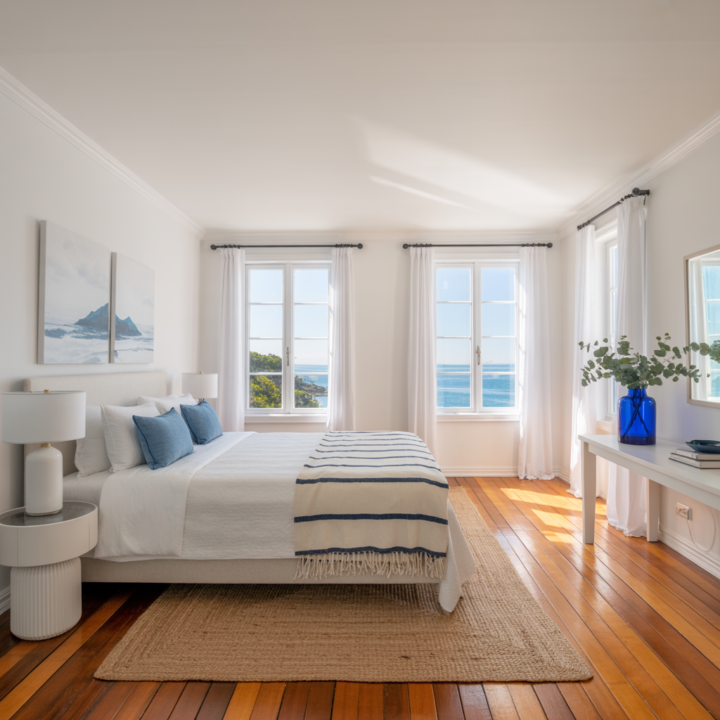 A bright, modern coastal bedroom with white walls and hardwood flooring.