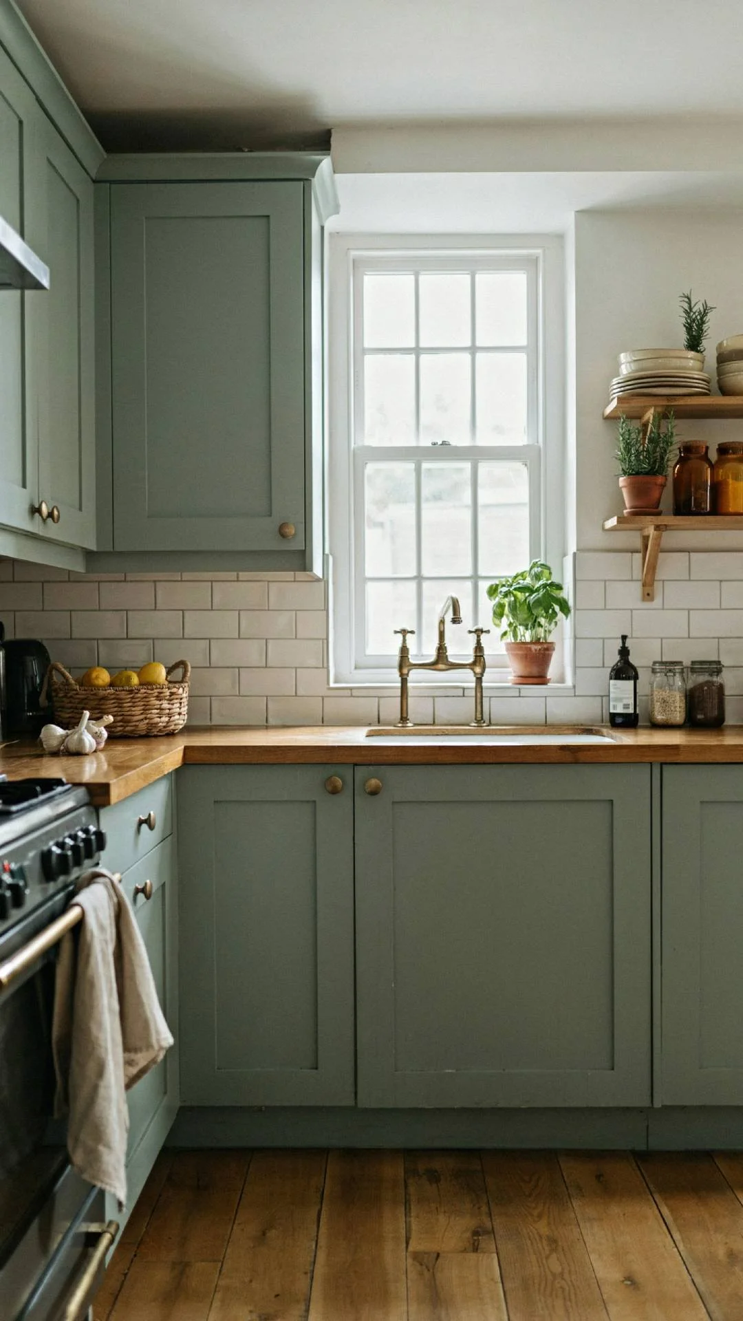 Full kitchen shot with soft sage green shaker-style cabinets, mixed ceramic knobs and antique brass cup pulls, warm wood countertop, natural light, cozy cottage styling, photorealistic