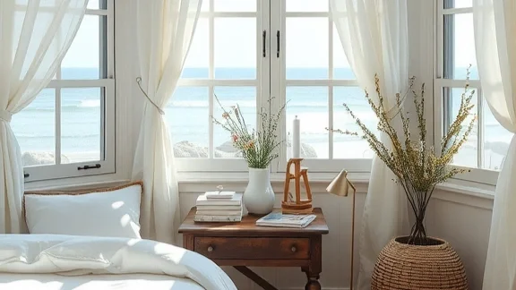 a cozy coastal bedroom with an ocean front view.