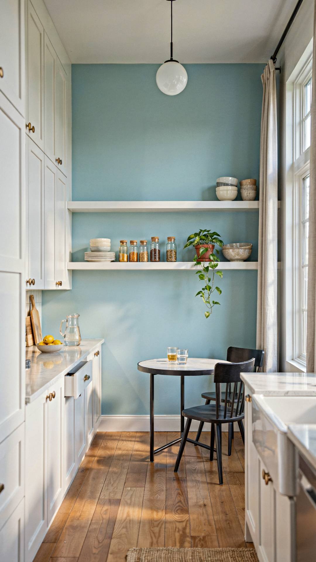Full kitchen shot with one accent wall painted soft seafoam blue behind open shelving, white cabinetry throughout the rest of the room, warm wood accents, natural light, photorealistic