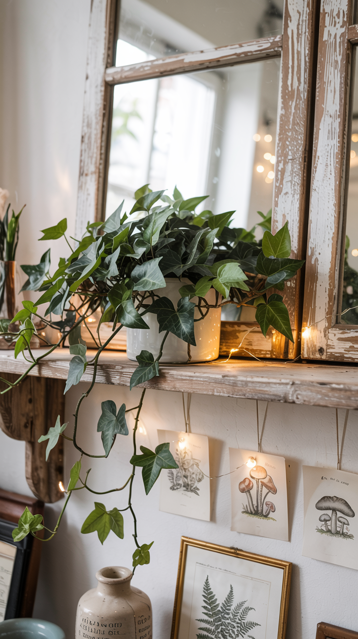 a cottagecore bedroom with a wooden shelf adorned with trailing ivy plant, botanical prints, and fairy lights.