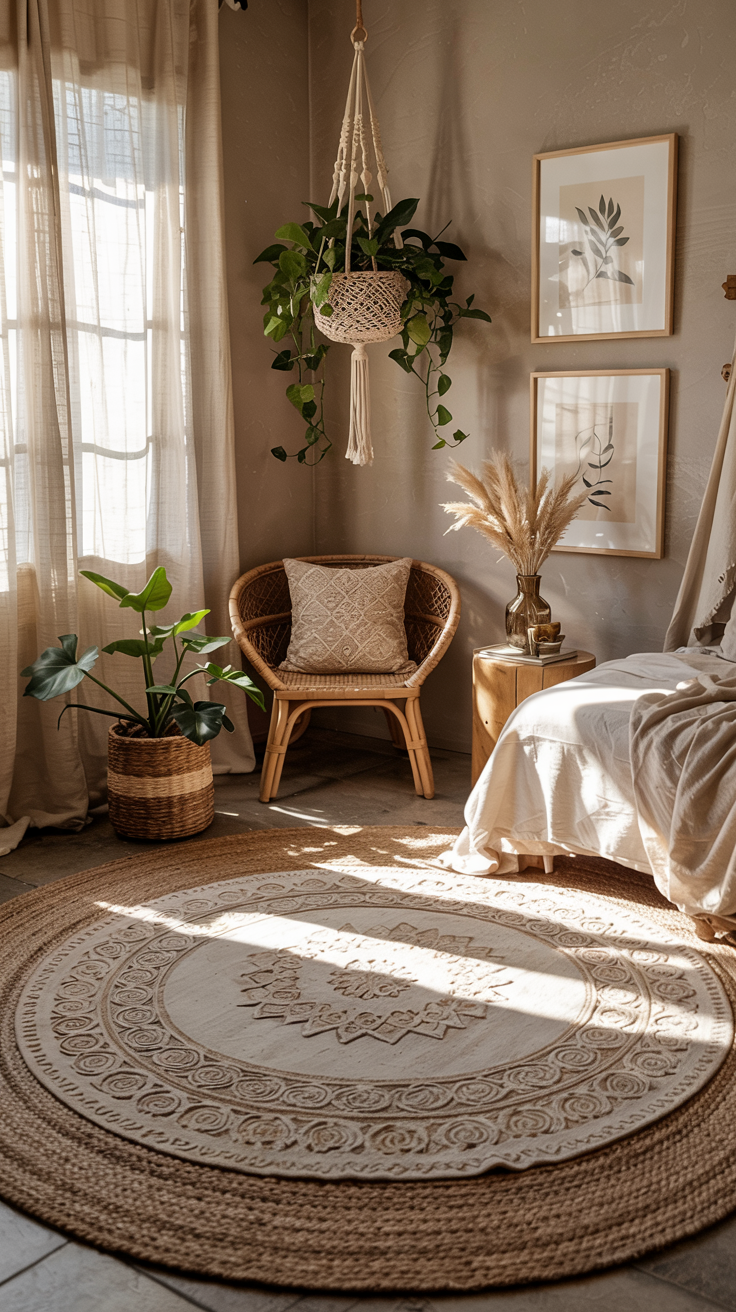 a boho bedroom with layered textured rugs.