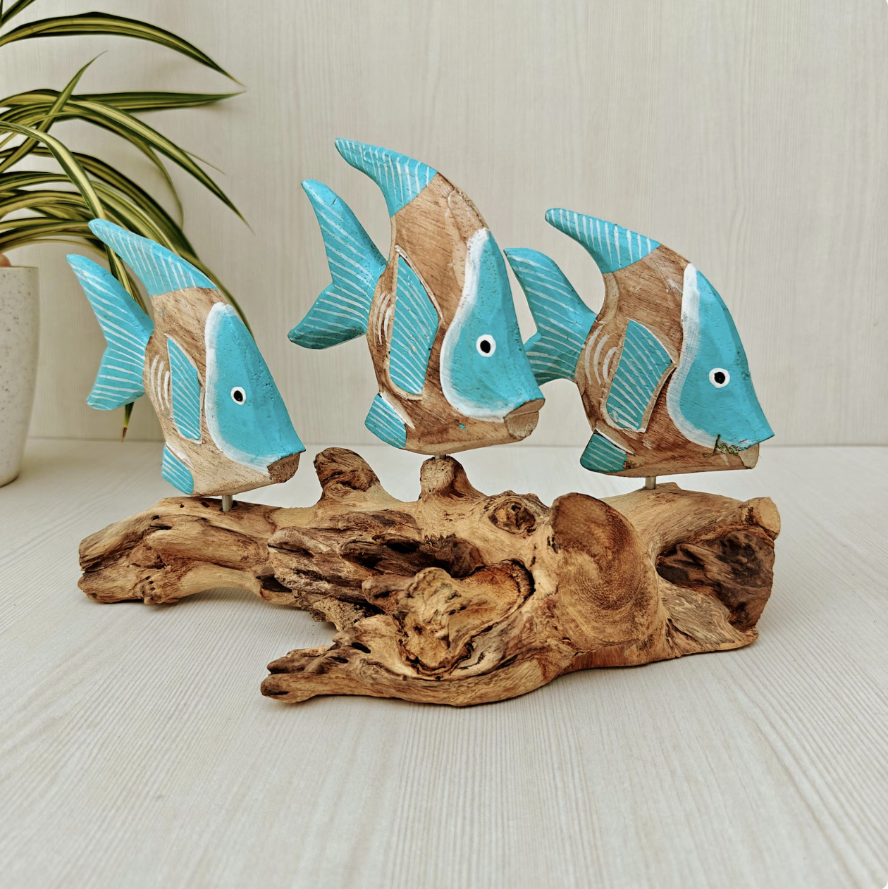 Hand Carved Wooden Fish Sculpture on Driftwood Base | Coastal Beach House Decor | Handmade Balinese Ocean Art Nautical Shelf Accent