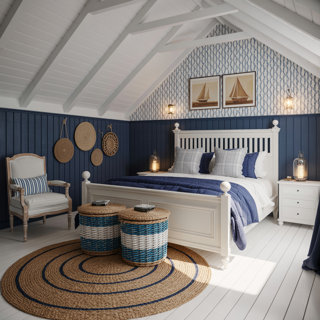 A serene coastal-style bedroom with beige horizontal wood paneling on the walls.