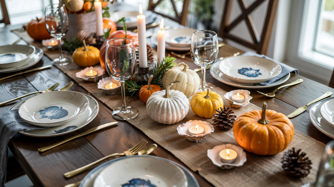 Coastal autumn dining table featuring oyster shell votive holders, mini pumpkins, and rustic place settings for fall entertaining