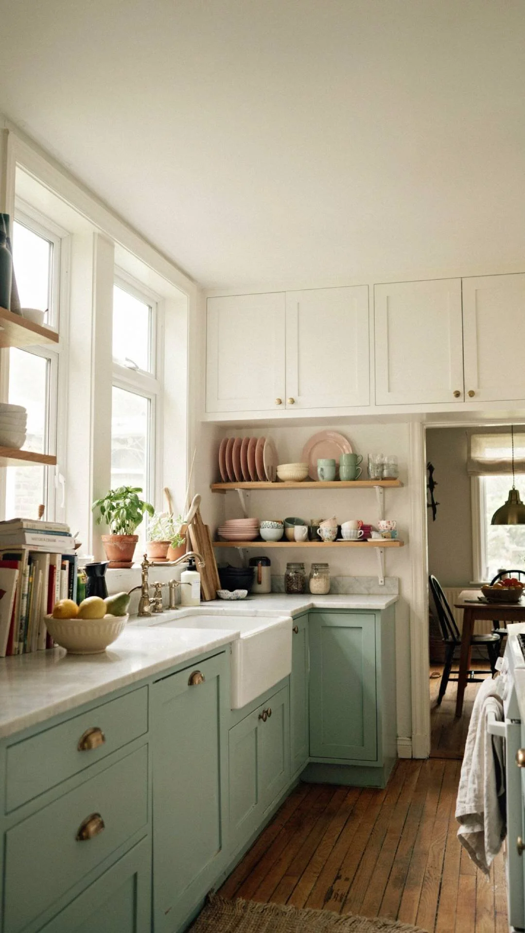 Full kitchen shot with mint green lower cabinets and white upper cabinets, soft natural light, open shelving with pastel dishware, warm wood floors, cozy collected-over-time feel, photorealistic