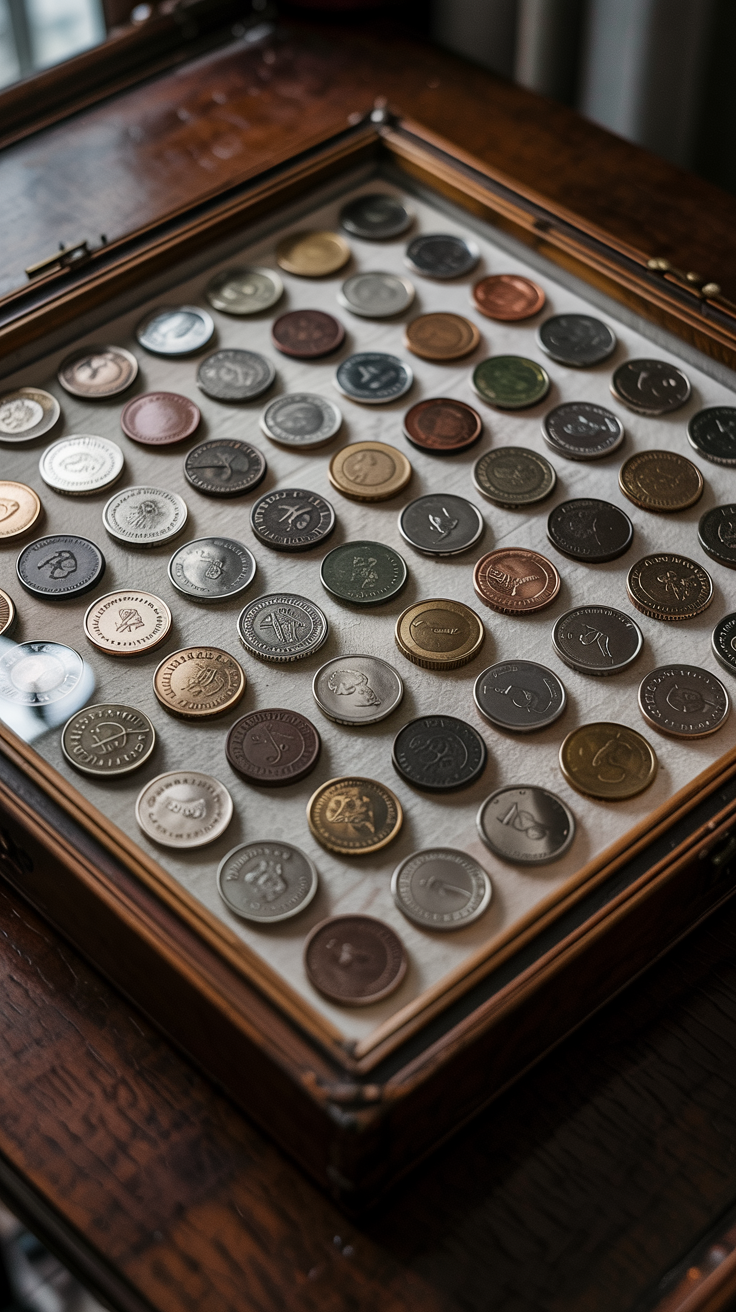 Organized collector's shadow box displaying vintage coins in neat rows, compartmentalized layout, museum-quality presentation, clean white background, numismatic collection photography, precise arrangement
