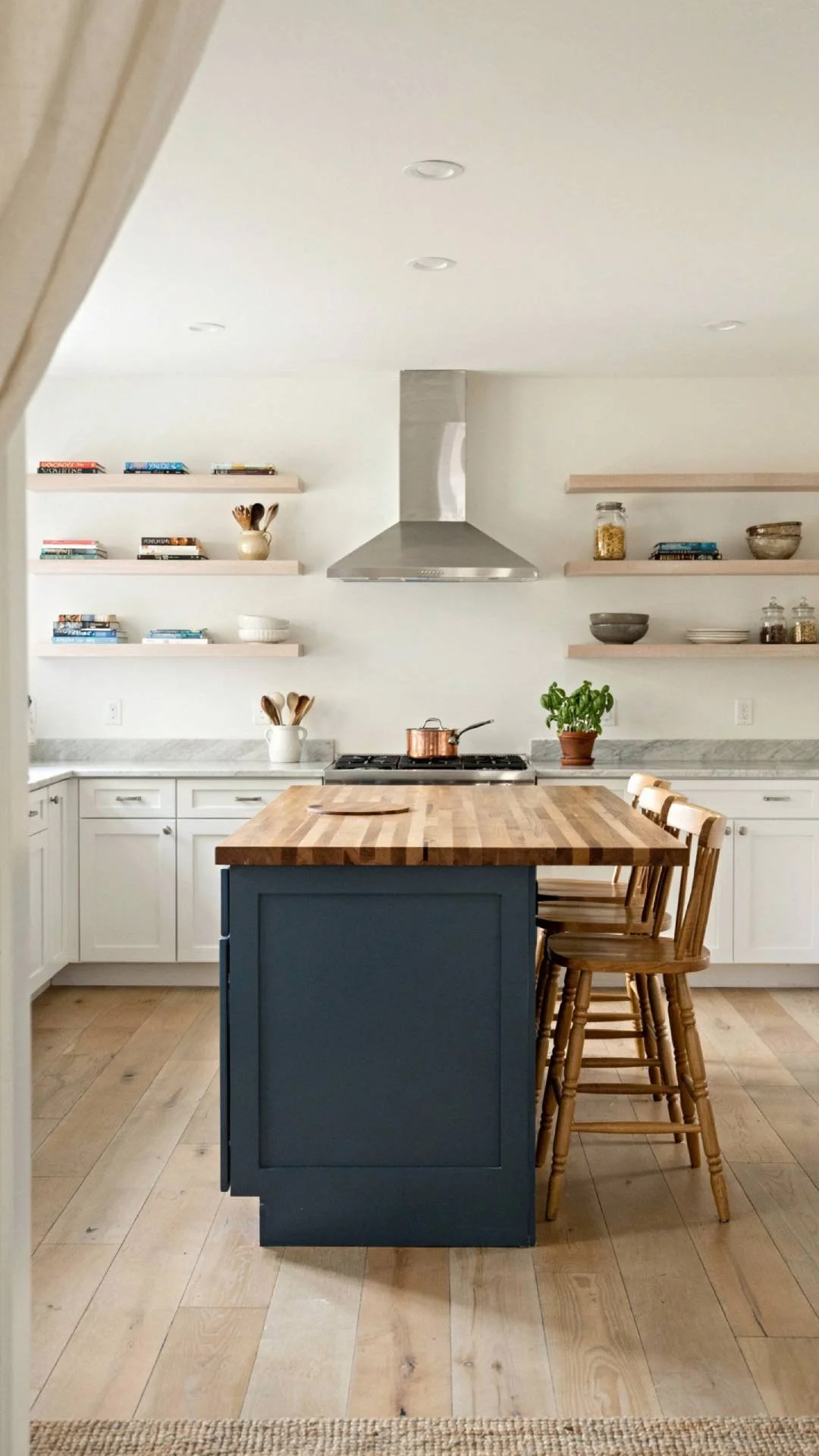 Full kitchen shot featuring a navy blue kitchen island with a butcher block top, three wooden bar stools tucked underneath, open shelving on the back side holding cookbooks, white perimeter cabinets, natural light, photorealistic