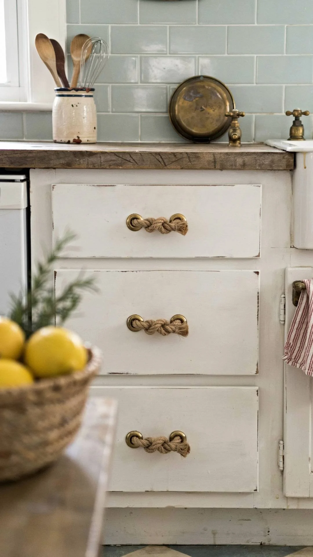 Rope wrapped drawer pulls nautical coastal kitchen accent