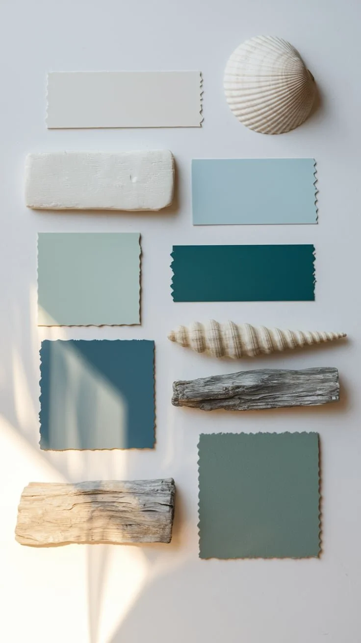 A styled color palette board for Nautical Minimalism showing swatches of sea foam white, various ocean blues from misty pale to deeper teal, warm sand tones, driftwood grays, and muted sage greens.