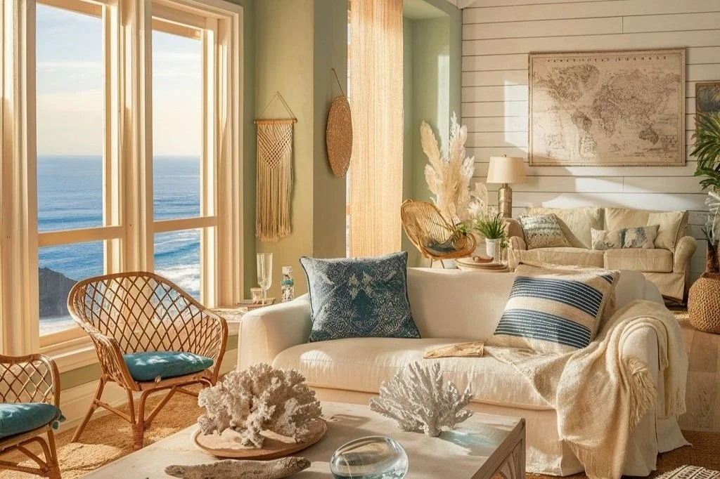 coastal living room with a view of the ocean