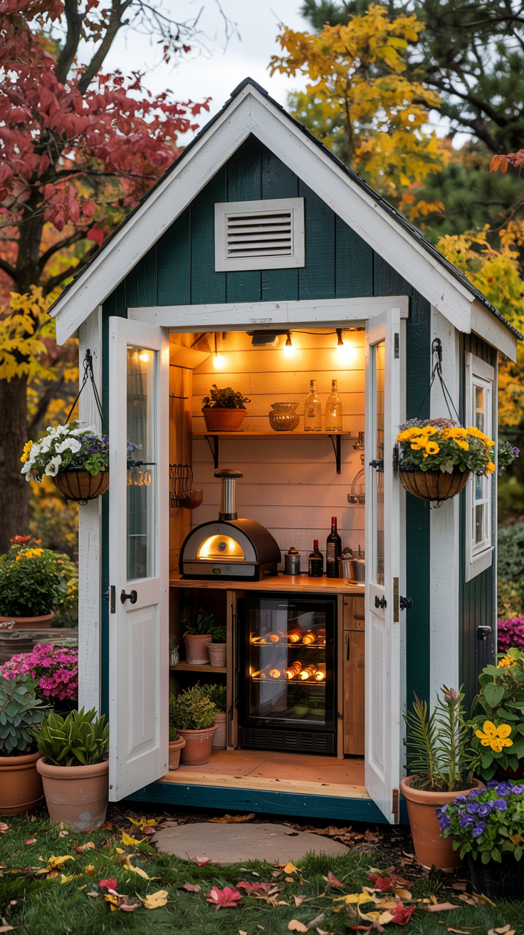 A modern outdoor kitchen shed with a teal-colored exterior and white trim.