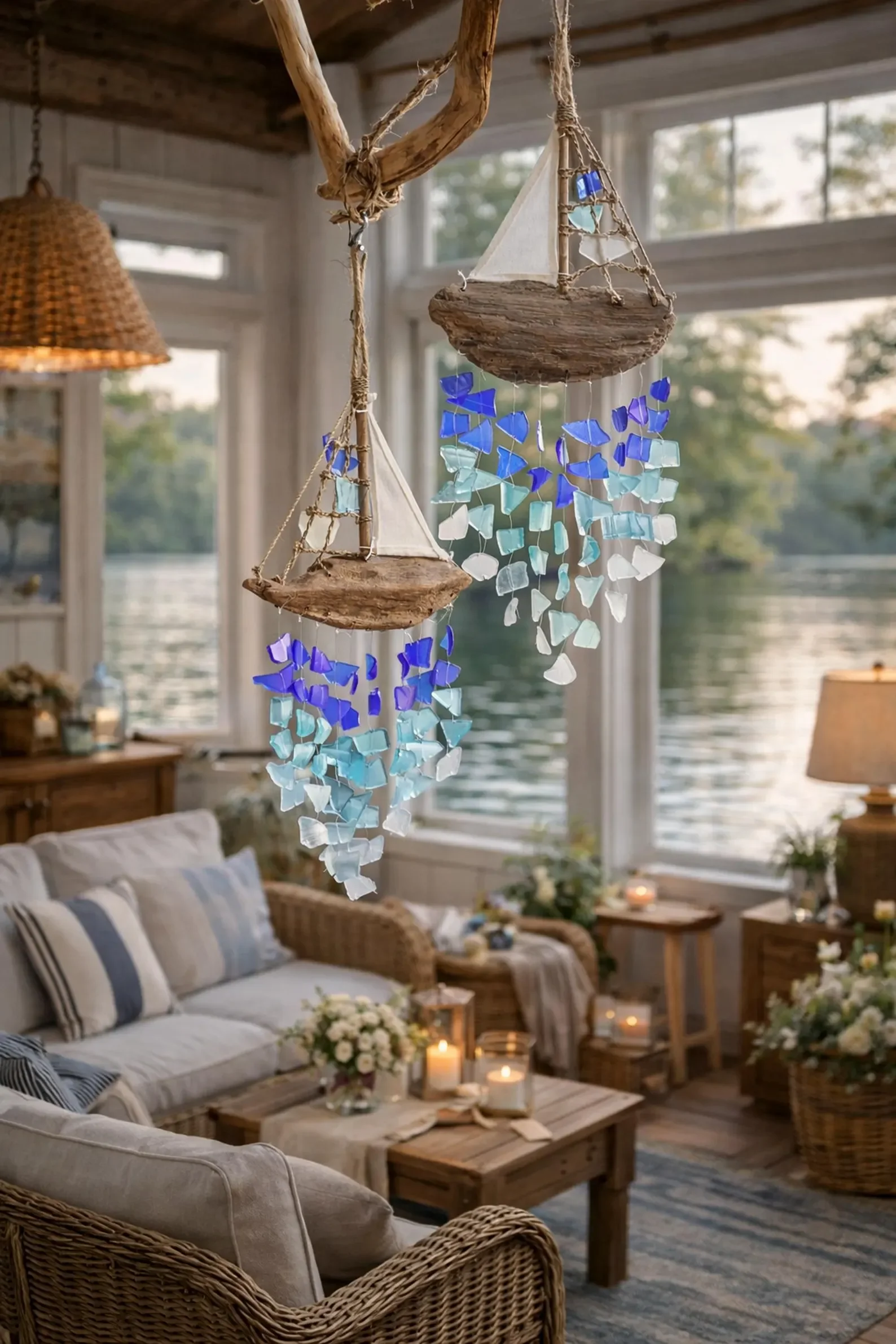 Driftwood Sailboat Wind Chime with Recycled Glass | Coastal Hanging Decor | Small & Large