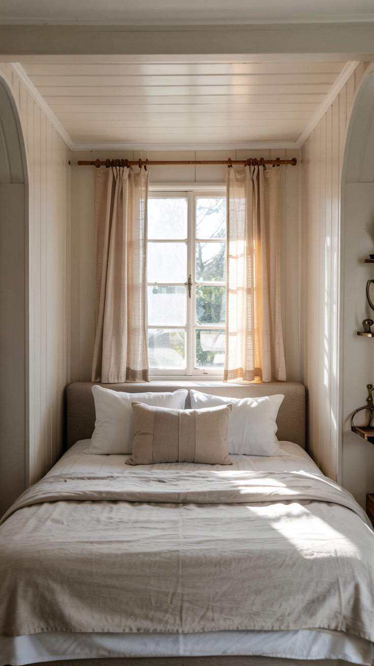 a crisp, white built-in alcove bed with beadboard, a simple duvet, and sheer curtains.