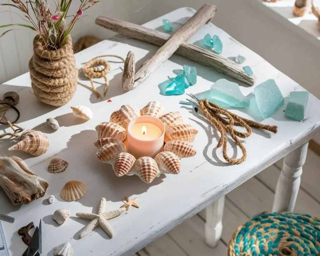 a photo of a white table with a variety of coastal home decor items like driftwood, seashell candle, jute rope wrapped vase, and macrame wall art.