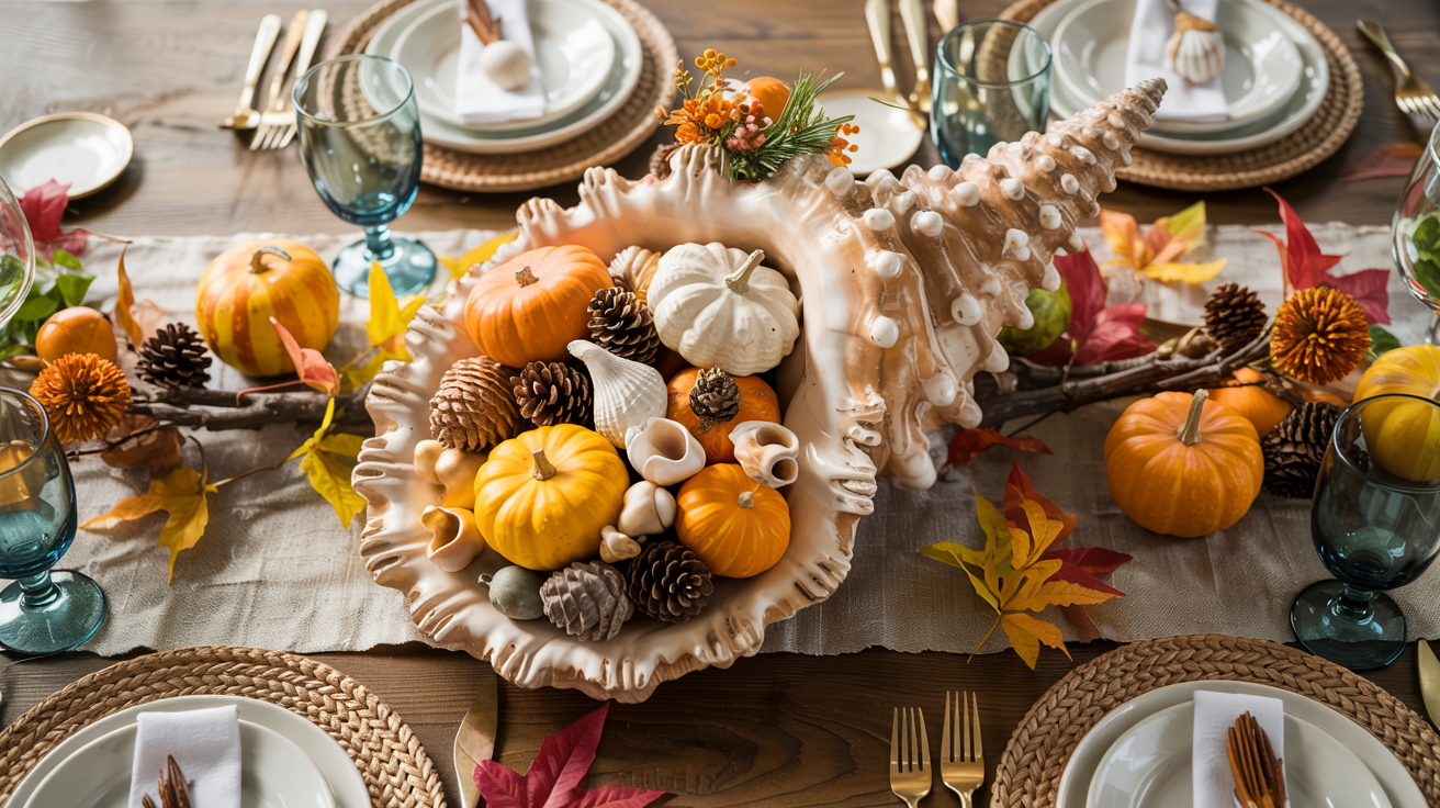 Coastal Thanksgiving table with unique conch shell cornucopia centerpiece, autumn harvest decor, and beach-inspired place settings