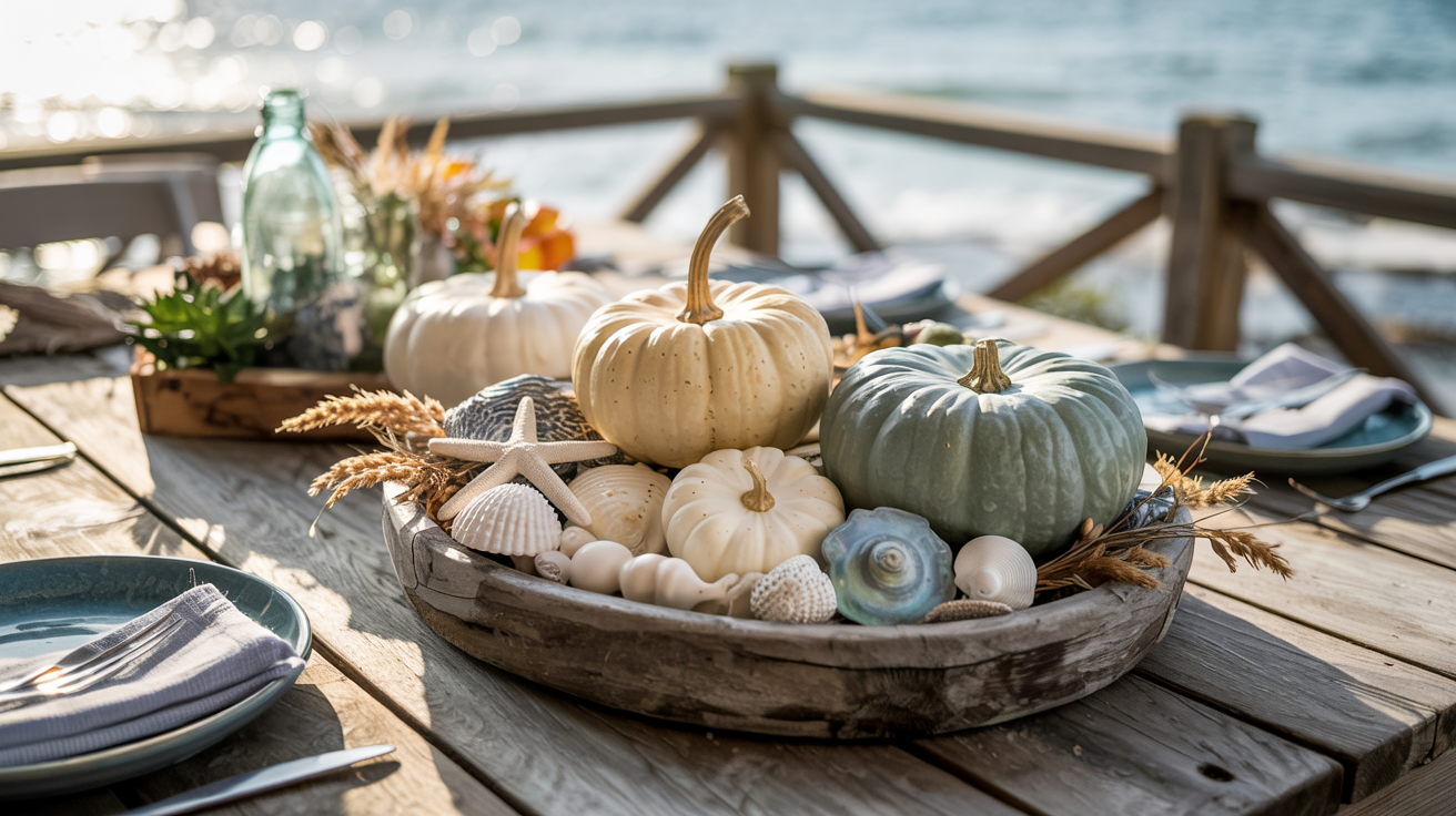 Coastal fall dining table with nautical pumpkin centerpiece featuring white and blue pumpkins, seashells, and complete place settings for autumn entertaining