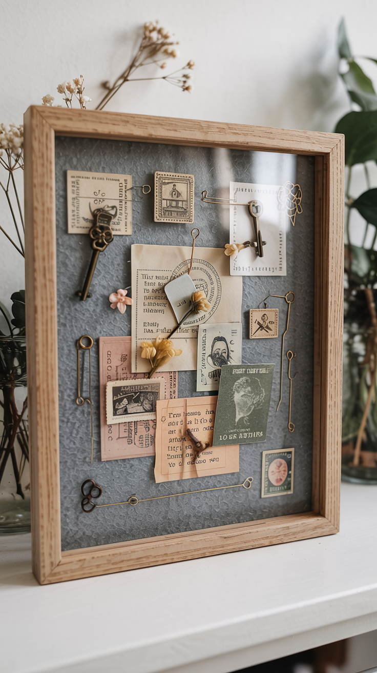 Close-up detailed shot of an open shadow box frame showing depth layers, felt backing, mounting materials, and various keepsakes arranged at different heights, educational diagram style, clean white background, product photography lighting