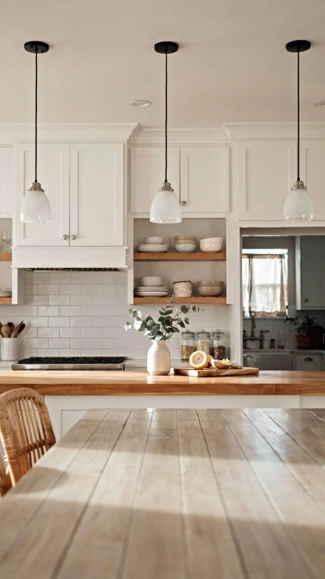 full kitchen shot with three milk glass schoolhouse pendant lights hanging in a row above a butcher block island, white cabinetry, warm ambient and natural light, coastal cottage style