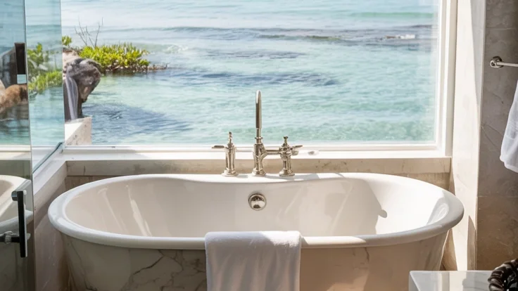 a cozy coastal spa style bathroom overlooking the ocean.