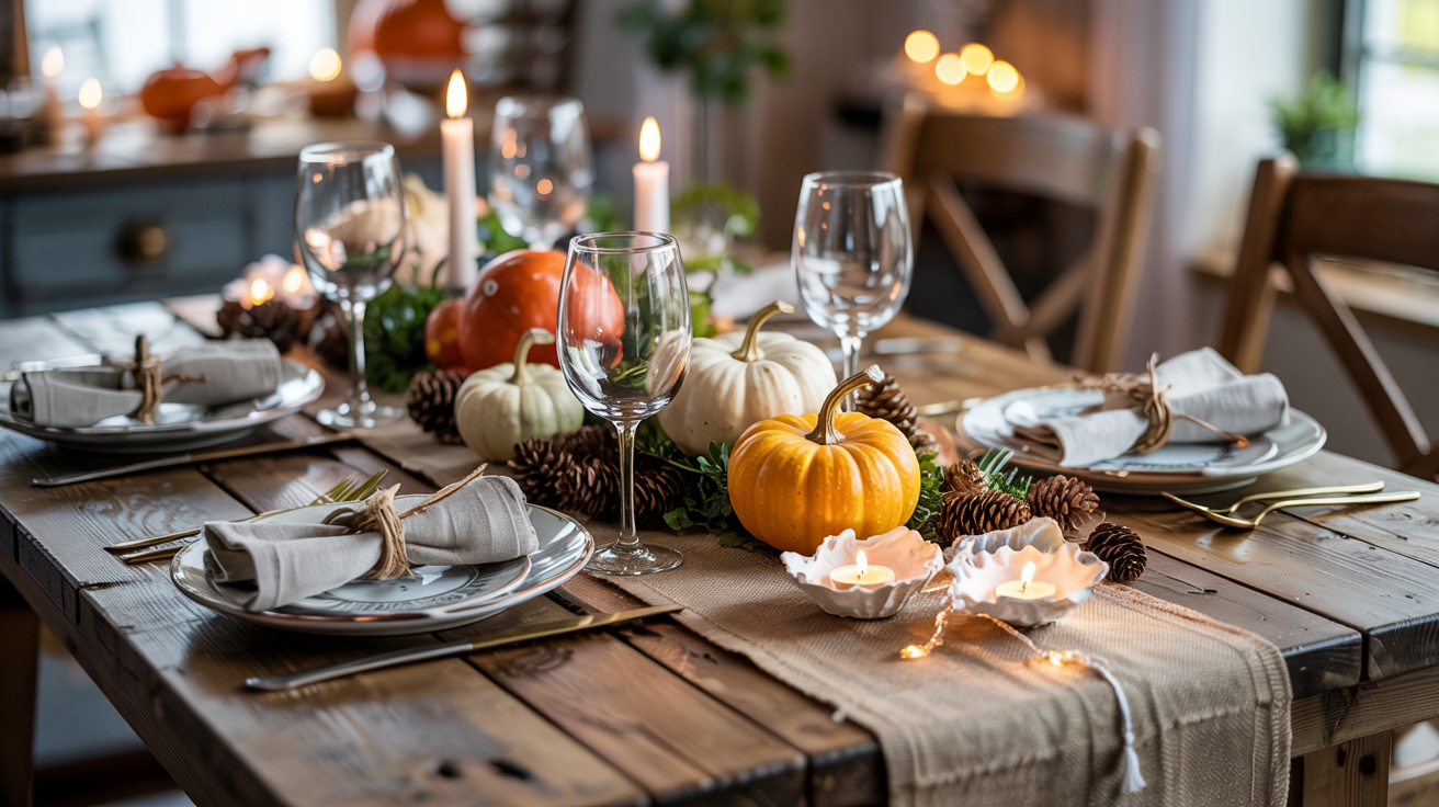 Coastal autumn dining table featuring oyster shell votive holders, mini pumpkins, and rustic place settings for fall entertaining