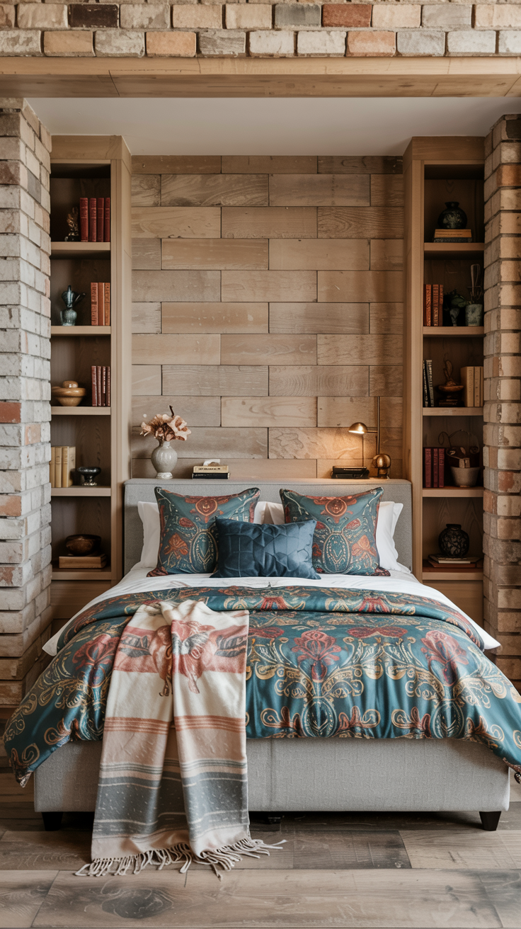A built-in alcove bed surrounded by natural brick and light wood with built-in bookcases; vibrant colored bedding and elegant home decor.