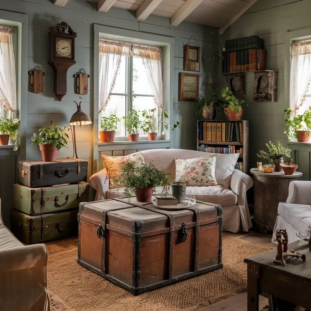 a vintage cottage style living room filled with antique home decor and thrift finds.