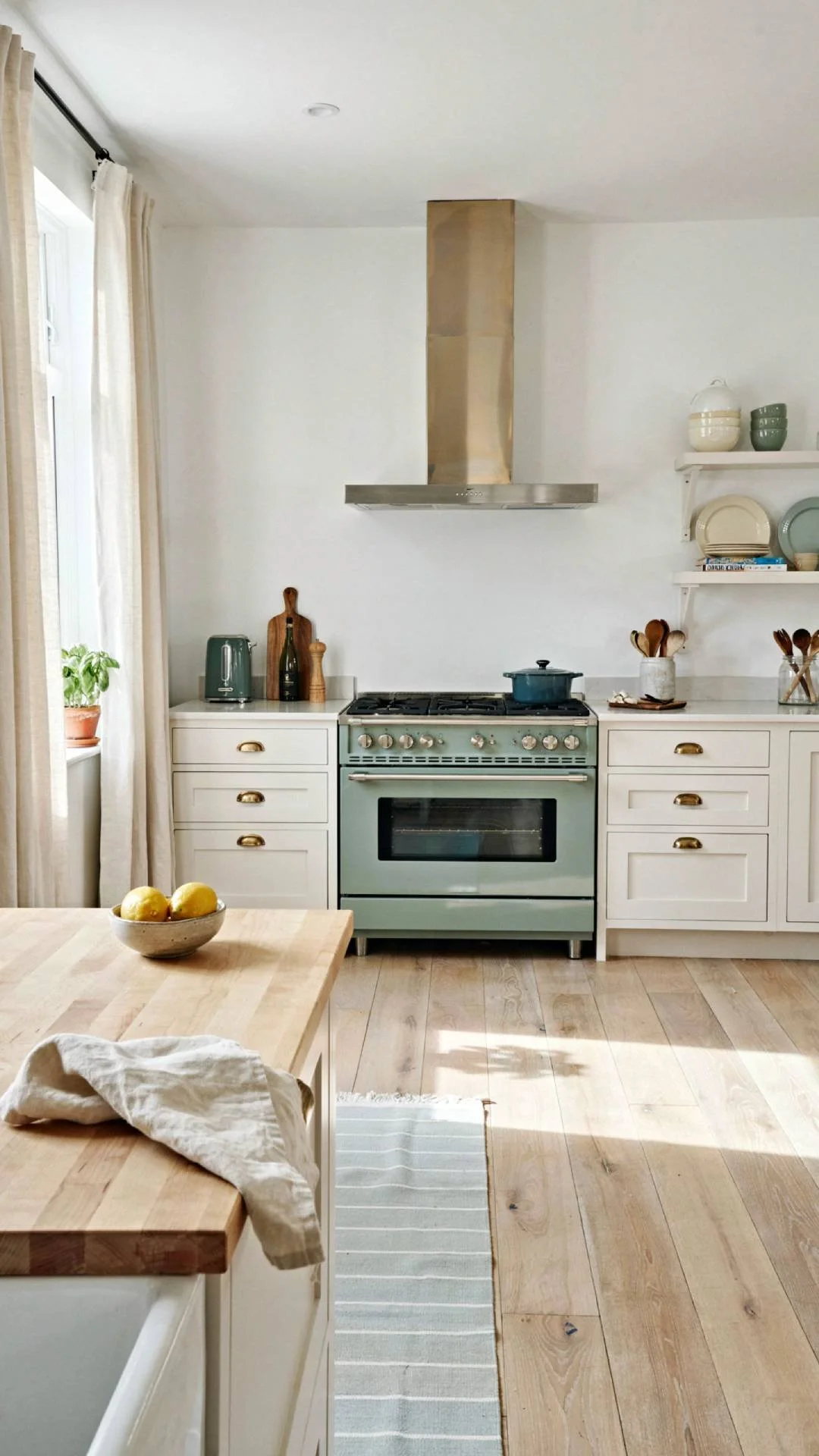 a coastal kitchen with a sage green retro-style range as the focal point, white surrounding cabinetry, brass range hood, open shelving nearby, natural light