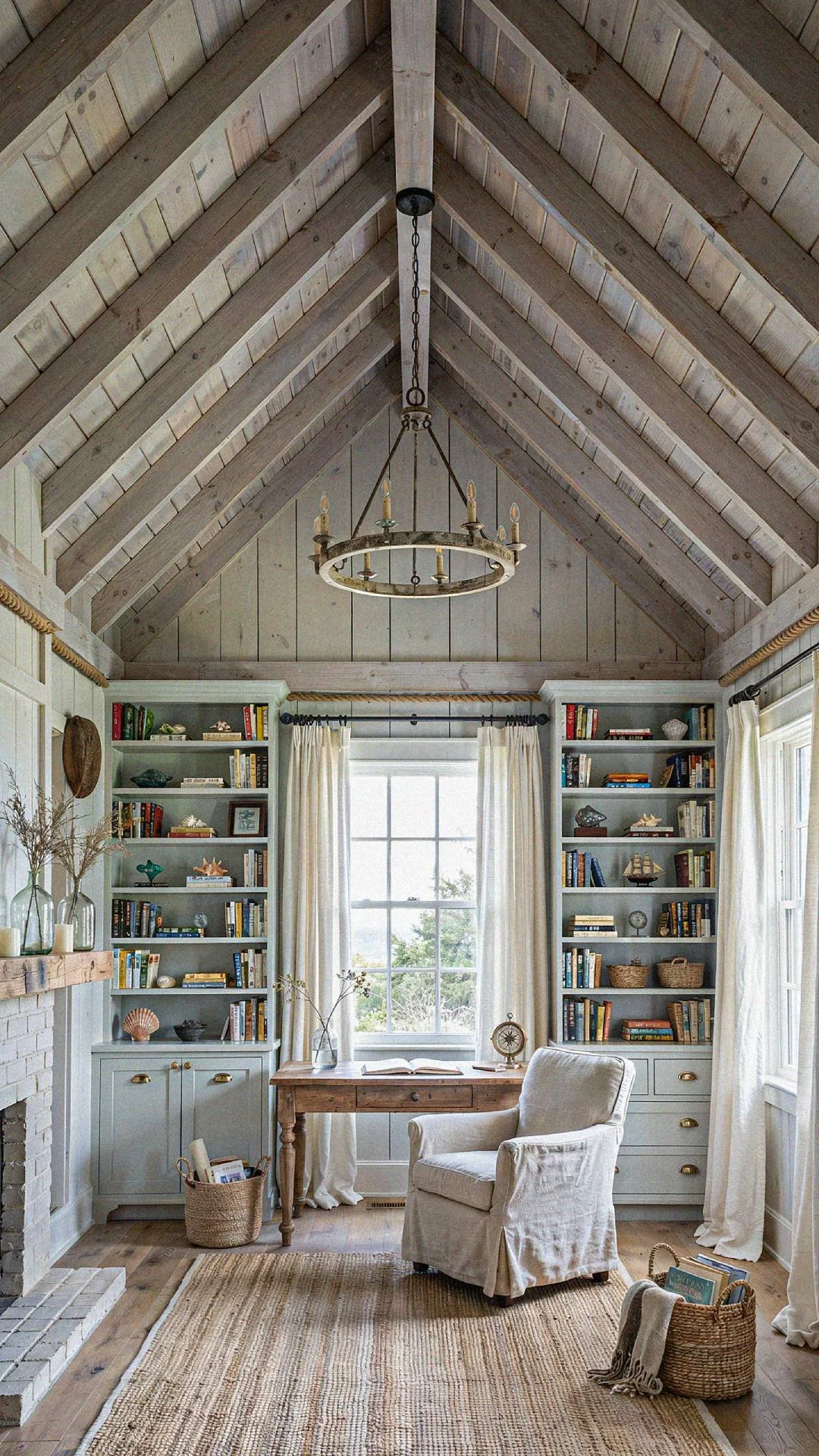 a calm and cozy coastal attice style home office with a wood vaulted ceiling and accent white brick fireplace.