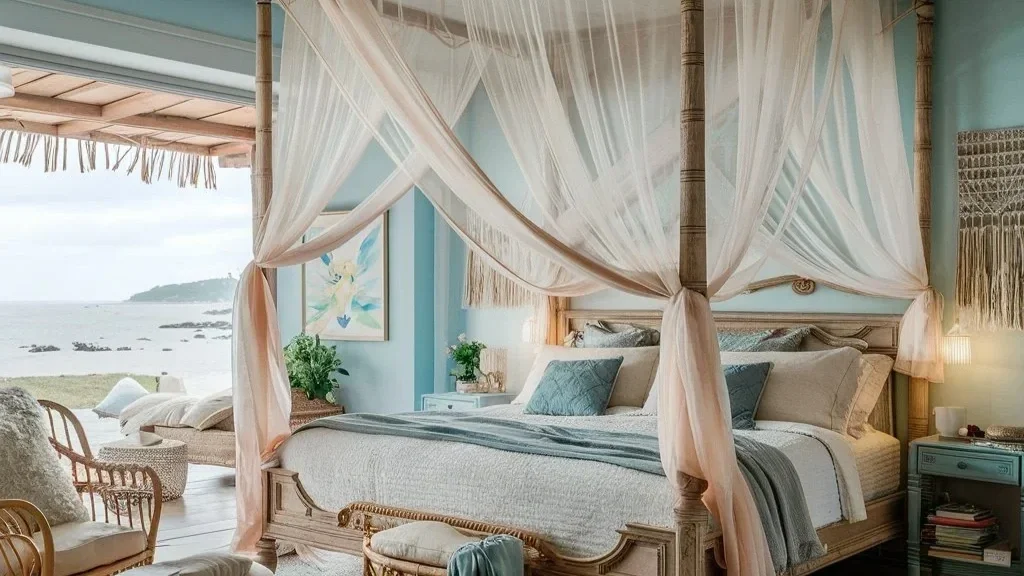 an ocean front bedrom decorated in a beautiful boho coastal design style.