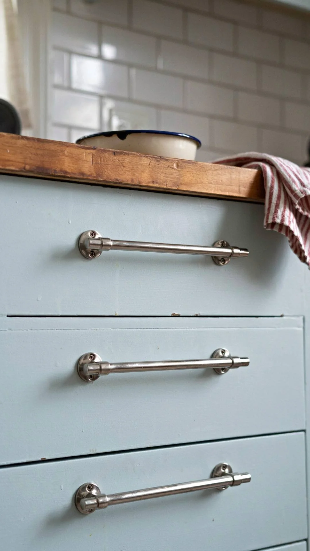 Chrome horizontal cabinet pulls 1930s coastal kitchen
