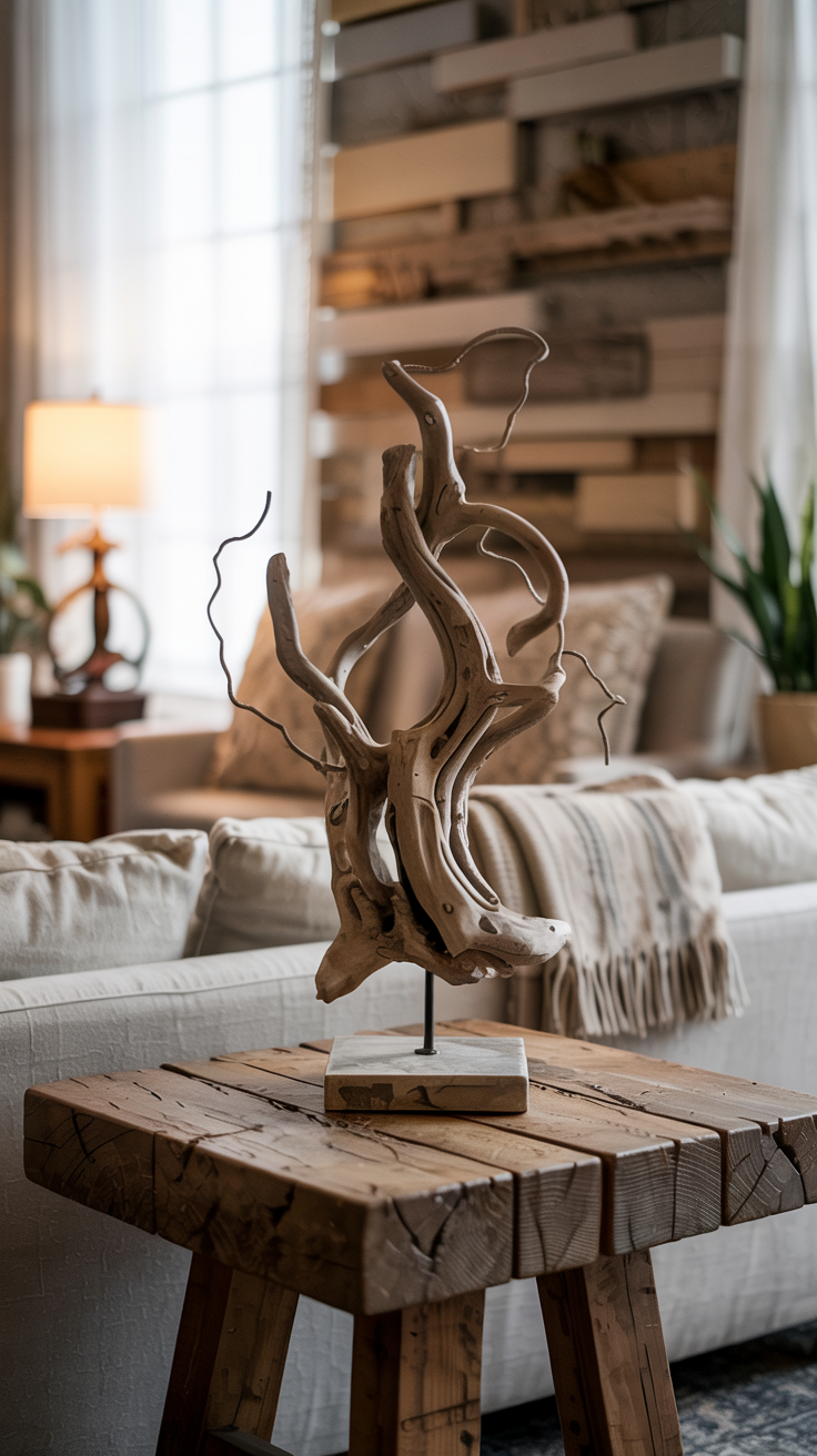 Close-up detail shot of coastal living room textures, rough driftwood decorative piece on rustic oak side table, stone accent wall in background, natural fibers, muted earth tones, raw unfinished wood surfaces