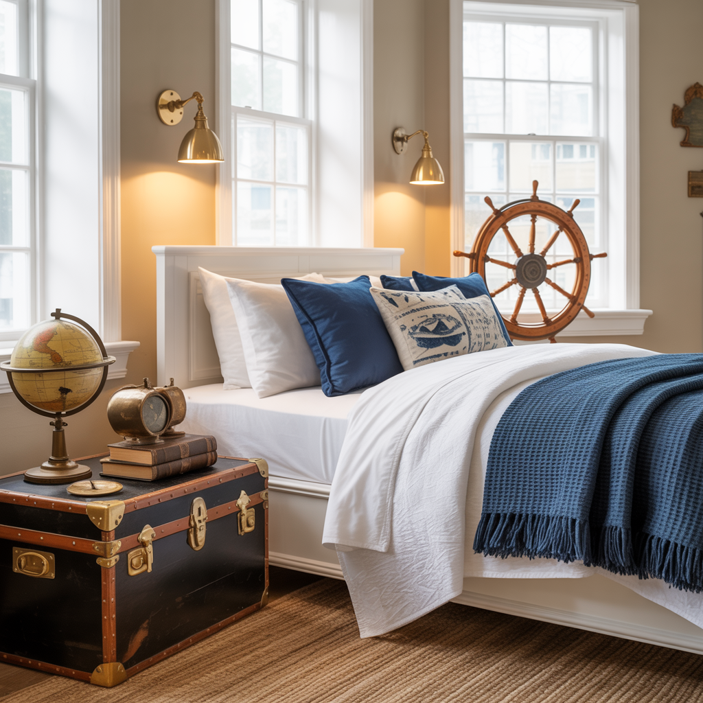 A cozy bedroom interior with a nautical theme. The focal point is a white wooden bed with a white and navy blue bedding arrangement, featuring a textured navy blue throw blanket with fringe and decorative blue and white patterned pillows.