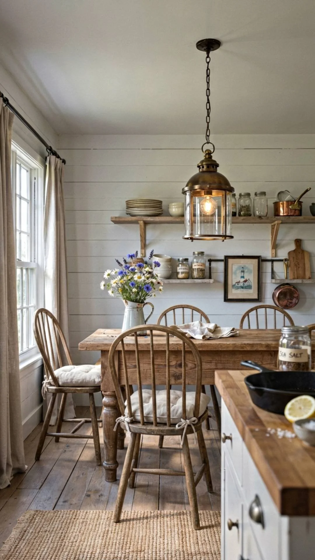 Brass ship lantern style pendant lighting in 1920s coastal kitchen