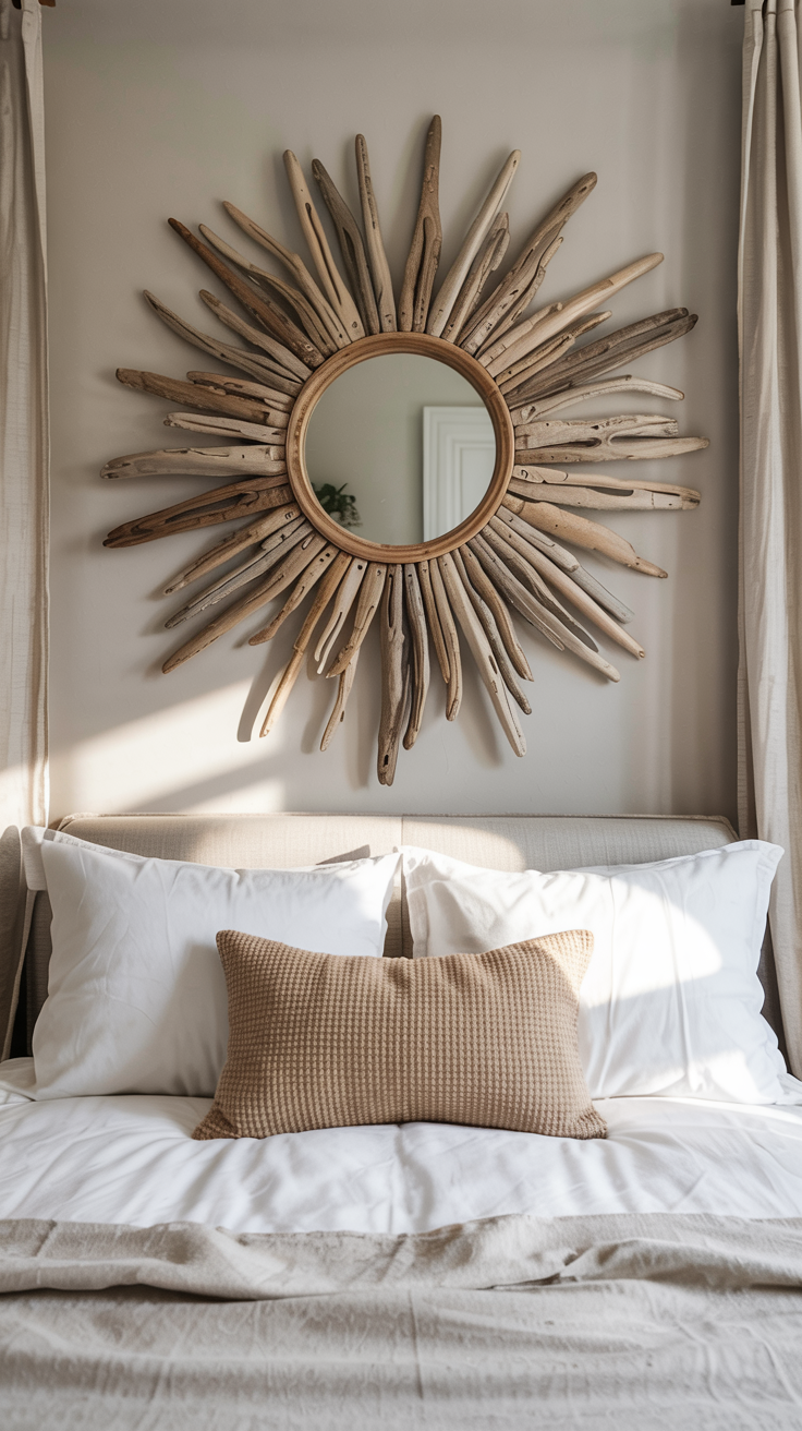 Coastal bedroom detail showing sunburst driftwood mirror on wall above bed, natural weathered wood pieces radiating outward, neutral bedding below, simple and elegant coastal decor, soft natural lighting, close-up interior photography